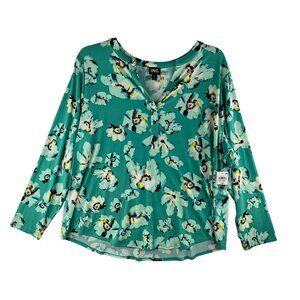 I.N.C. Womens 3X Floral Long Sleeve Blouse green & White